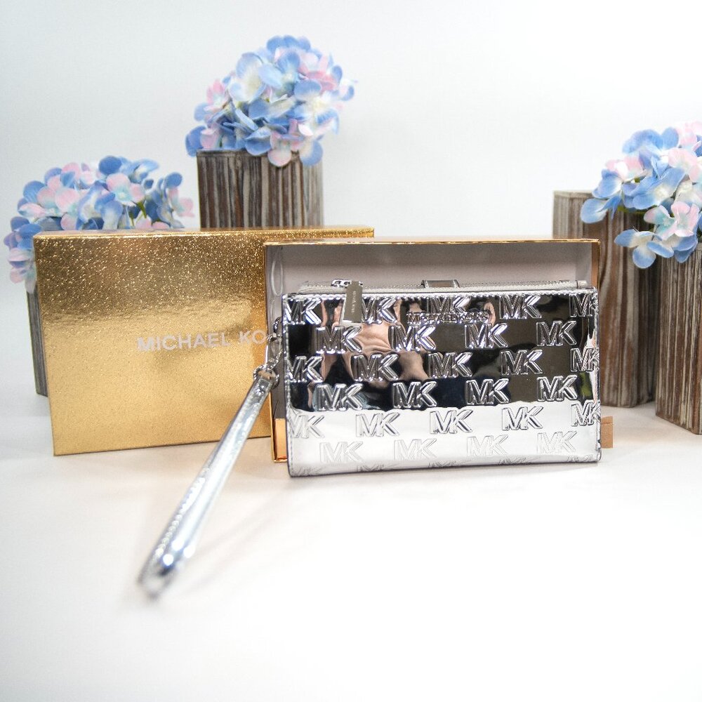 Michael Kors Silver Embossed Logo Leather Adele Double Zip Phone Wristlet NWT